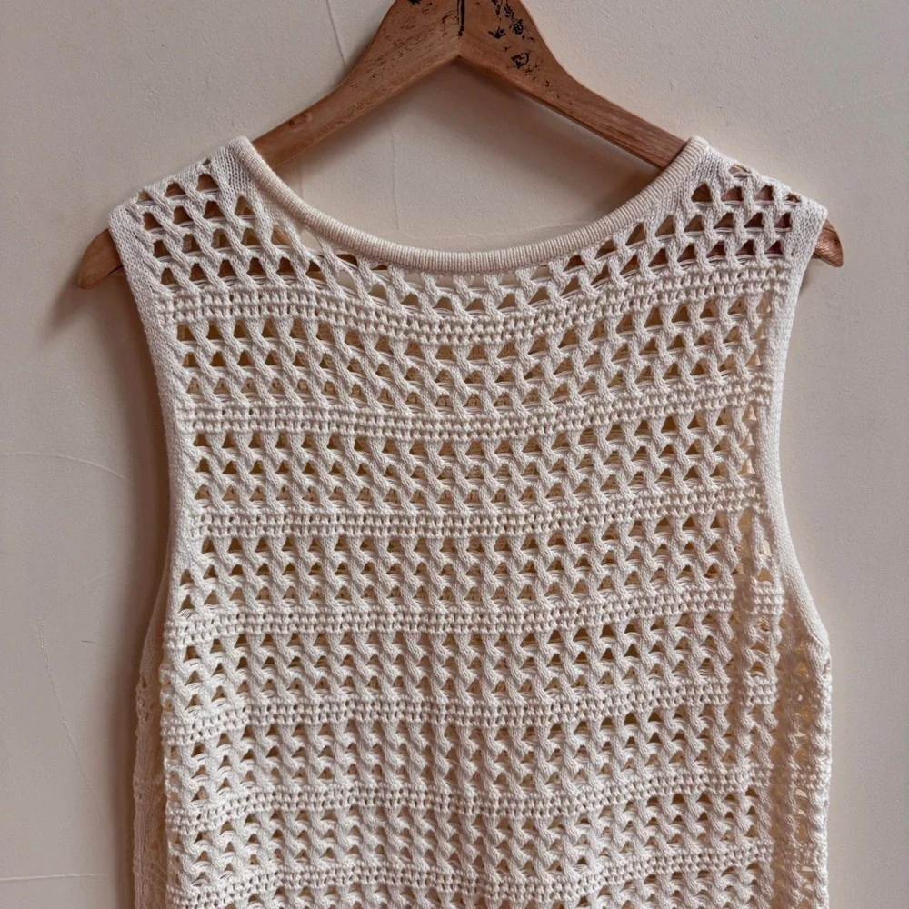 Ivory Open Knit Sleeveless Sweater Tunic Swim Cover Dress Womens Size L Beach